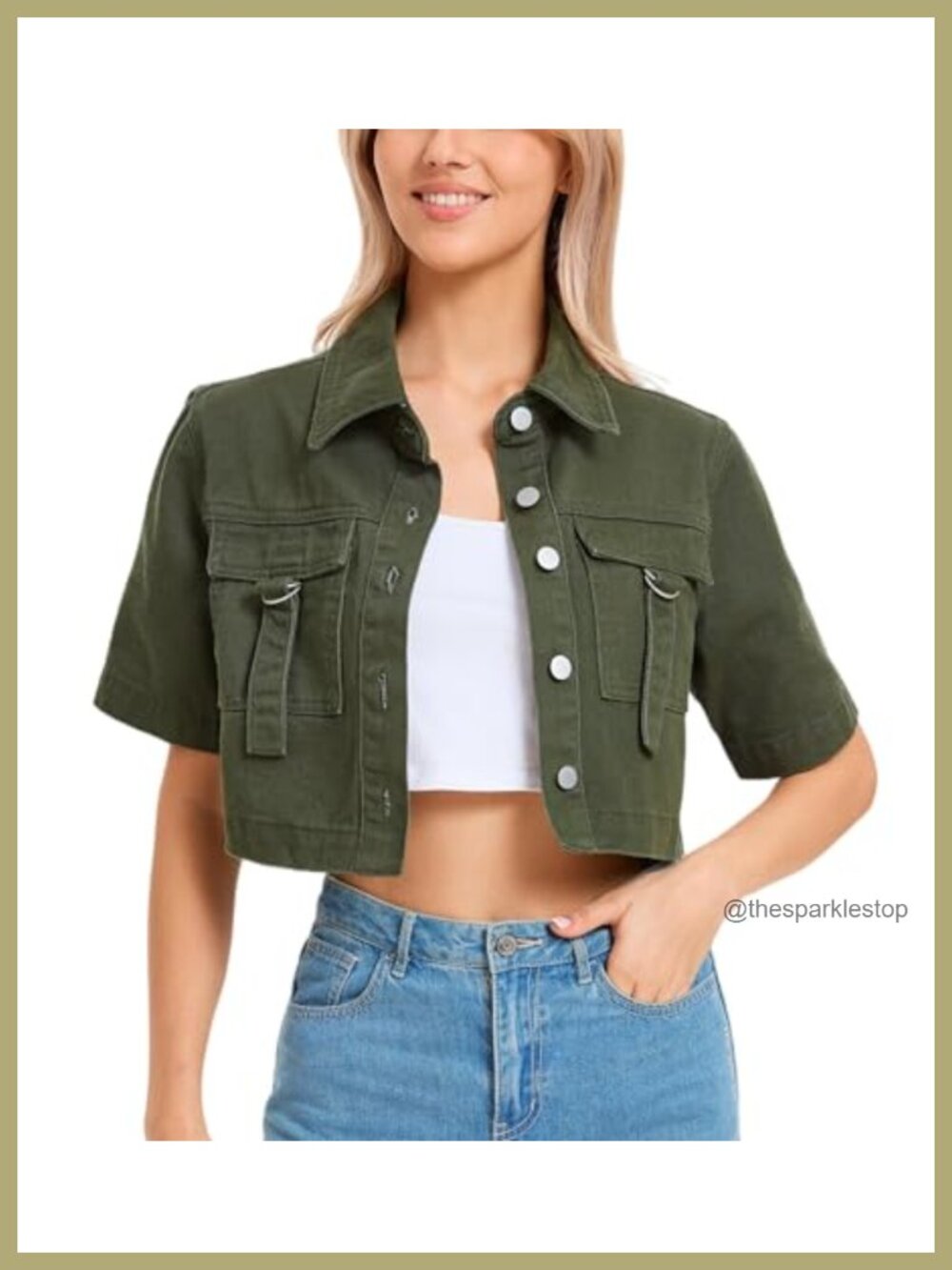 Women's Cropped Denim Jacket Short Sleeve Button Down Relaxed Fit